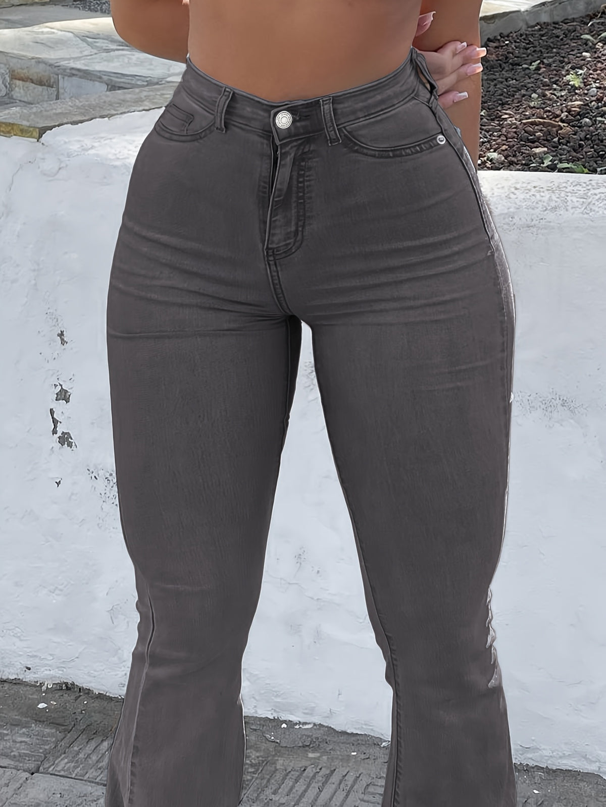 High Waist Stretch Flare Jeans Women Wide Leg Pants with Pockets – Solid Color Street Style, All-Season Comfortable Denim, Machine Washable