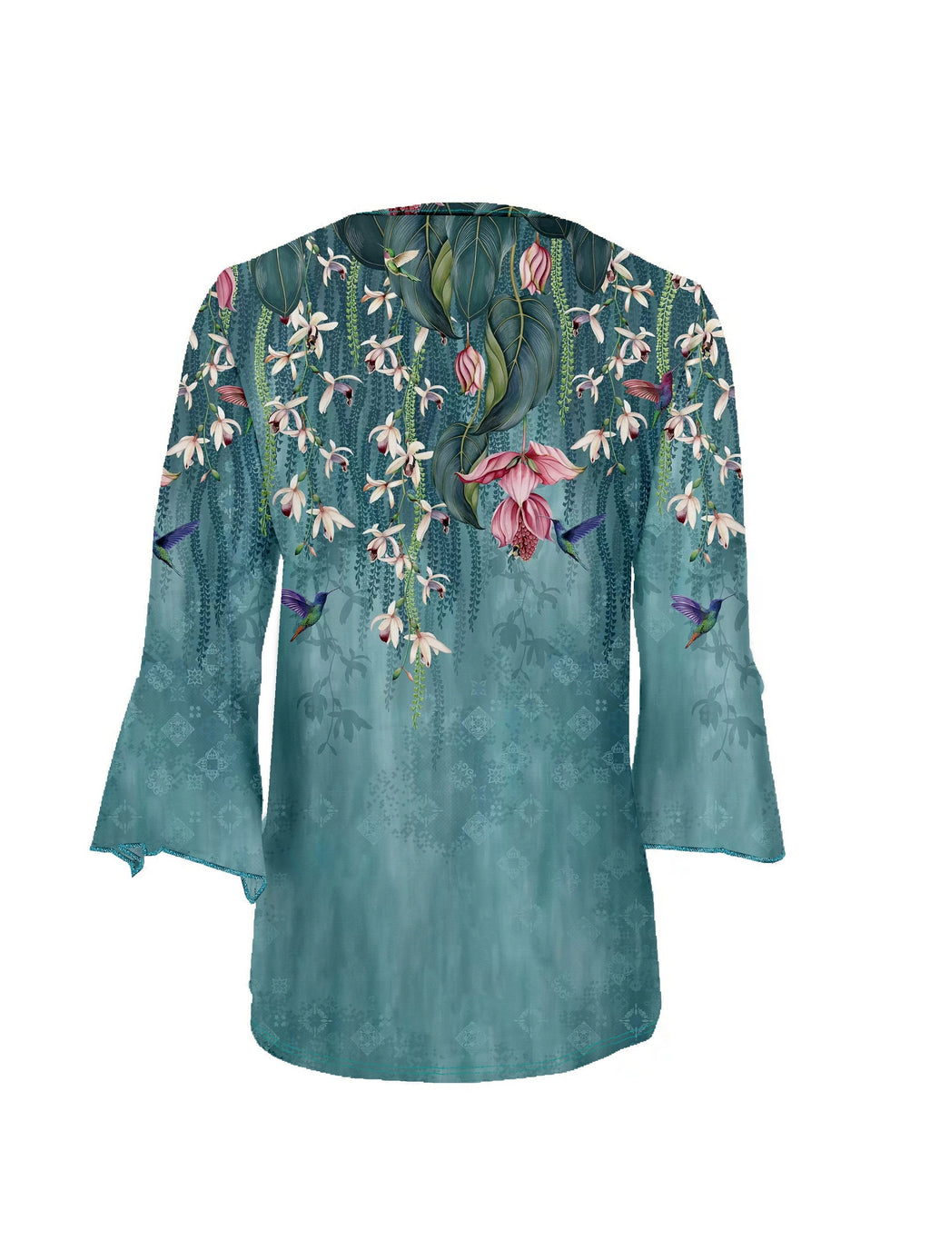 Floral Bird Print Blouse Women V-Neck Long Sleeve Light Blue Casual Top Soft Polyester Spring Summer Fall Vibrant Flower Pattern Shirt S-XXL