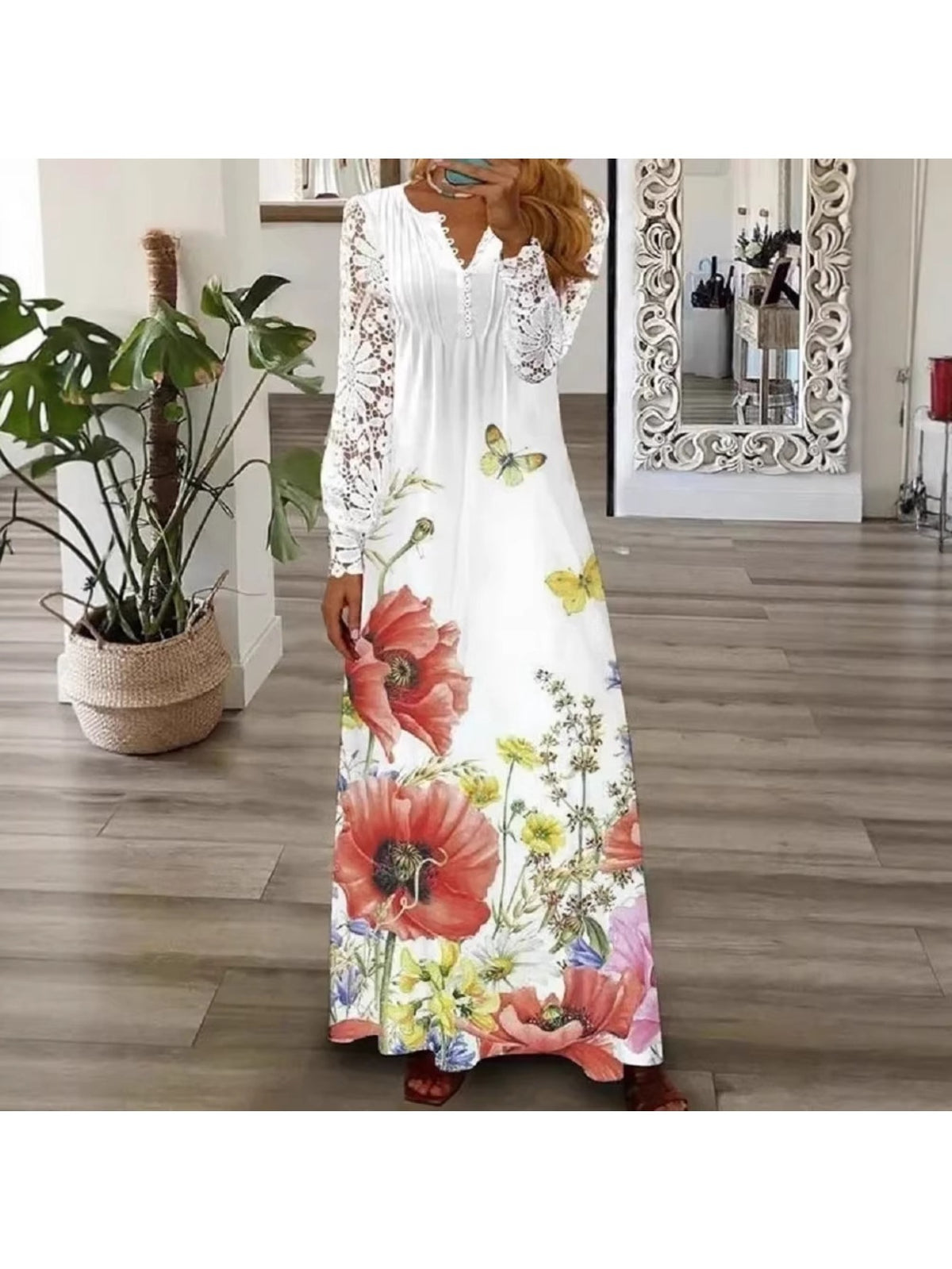 Women's Bohemian White Lace Long Dress V-Neck Long Sleeve High Waist A-Line Flowing Hem Romantic Date Beach Dress