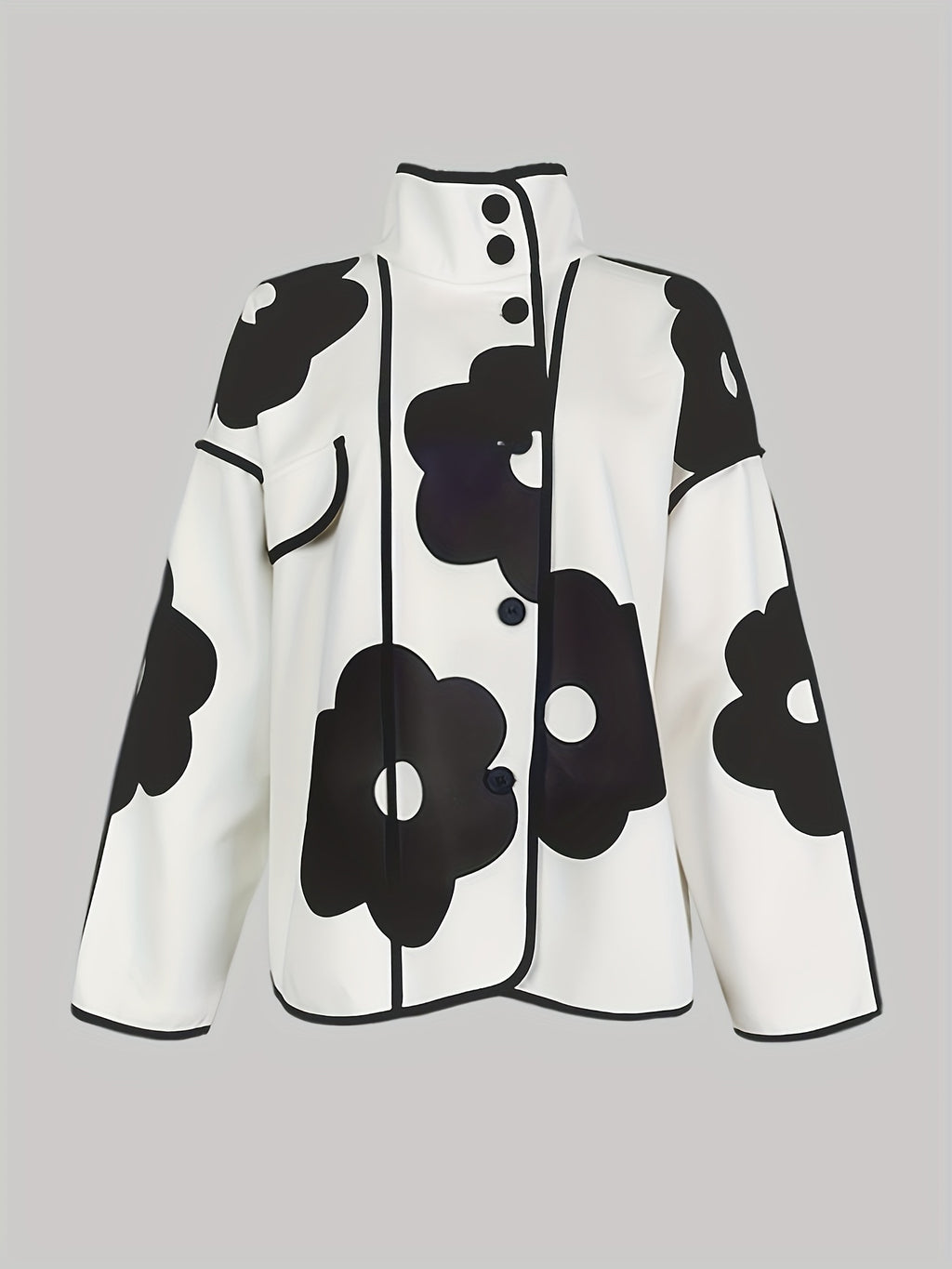 Floral Print Stand Collar Jacket for Women, Long Sleeve Contrast Color Loose Coat, Vintage Office Casual Fashion Outerwear for Spring Fall Winter, Black White