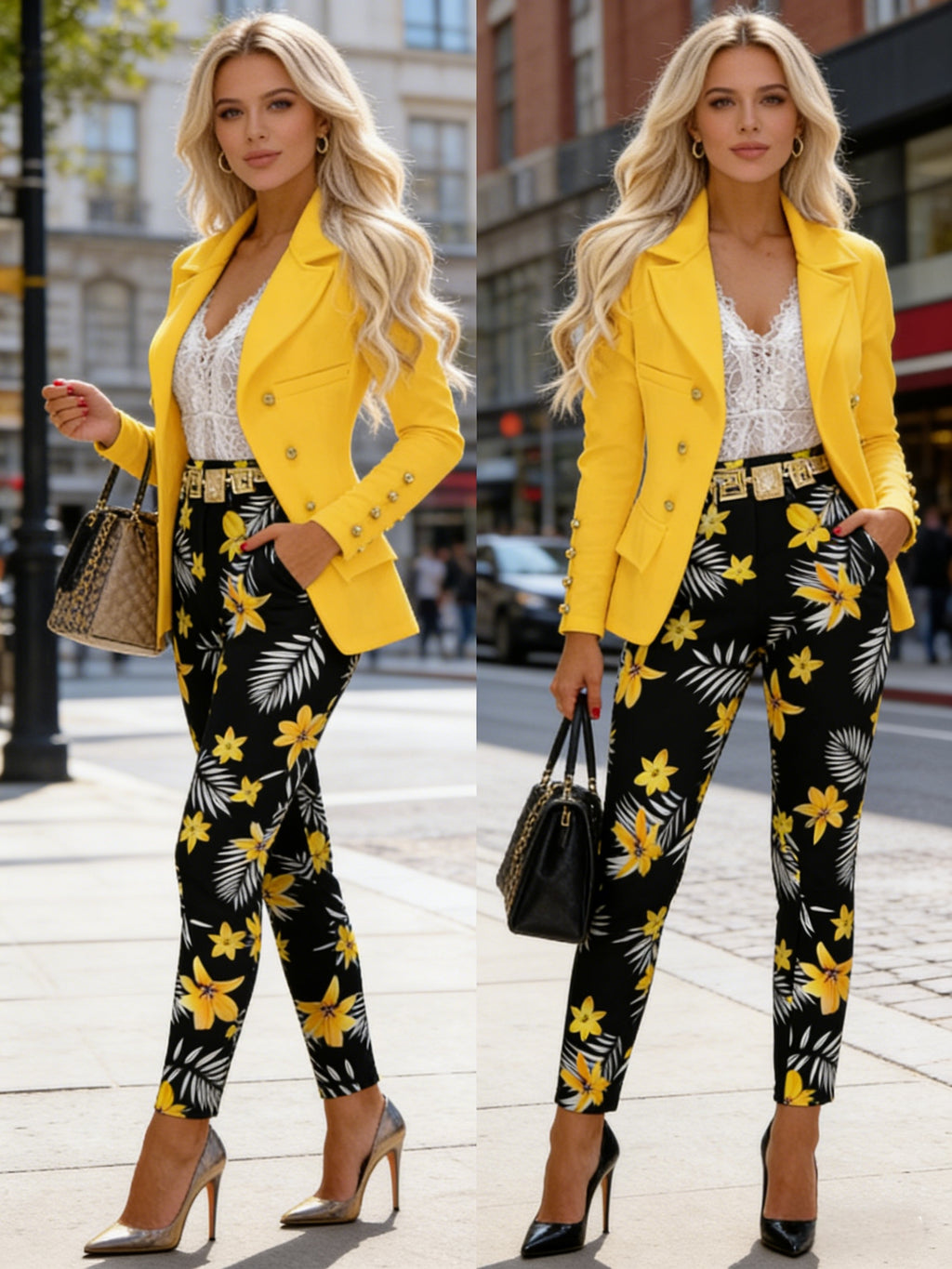 Women's 2pcs Suit Set Bright Yellow Double-Breasted Blazer and Black Floral Print Pants Elegant Office Commuter Outfit Spring Summer