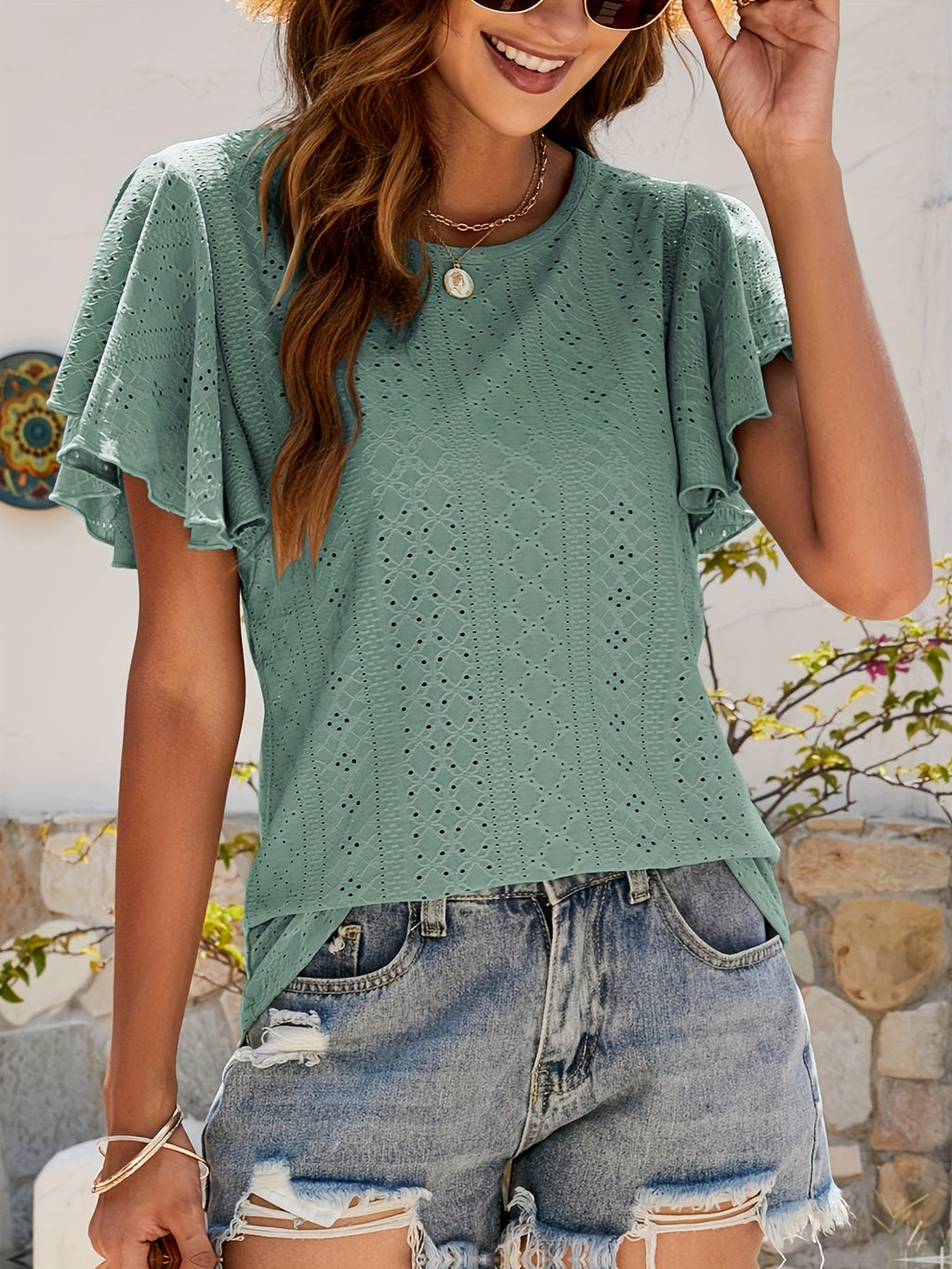 Ruffle Sleeve Hollow Out Blouse for Women | Lotus Leaf Sleeve Casual Top | Breathable Lace Trim Short Top | Chic Spring Summer Women's Shirt
