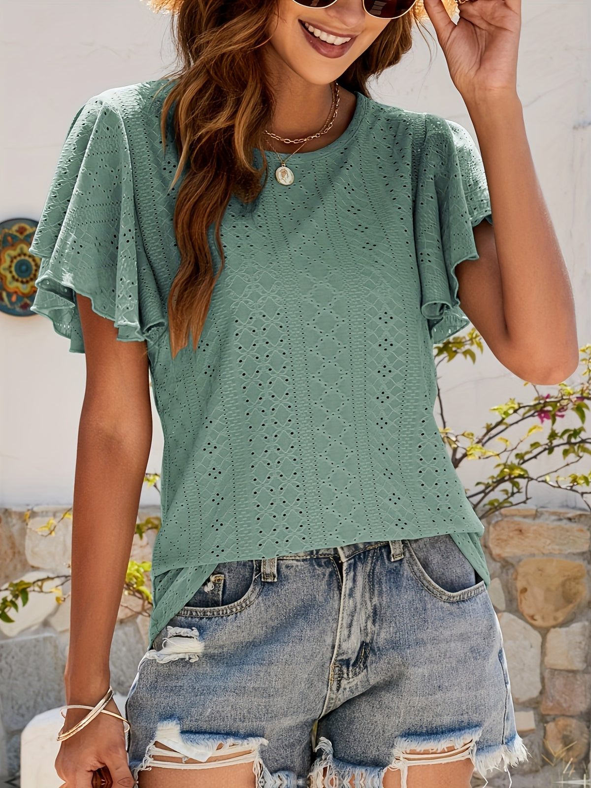 Ruffle Sleeve Hollow Out Blouse for Women | Lotus Leaf Sleeve Casual Top | Breathable Lace Trim Short Top | Chic Spring Summer Women's Shirt
