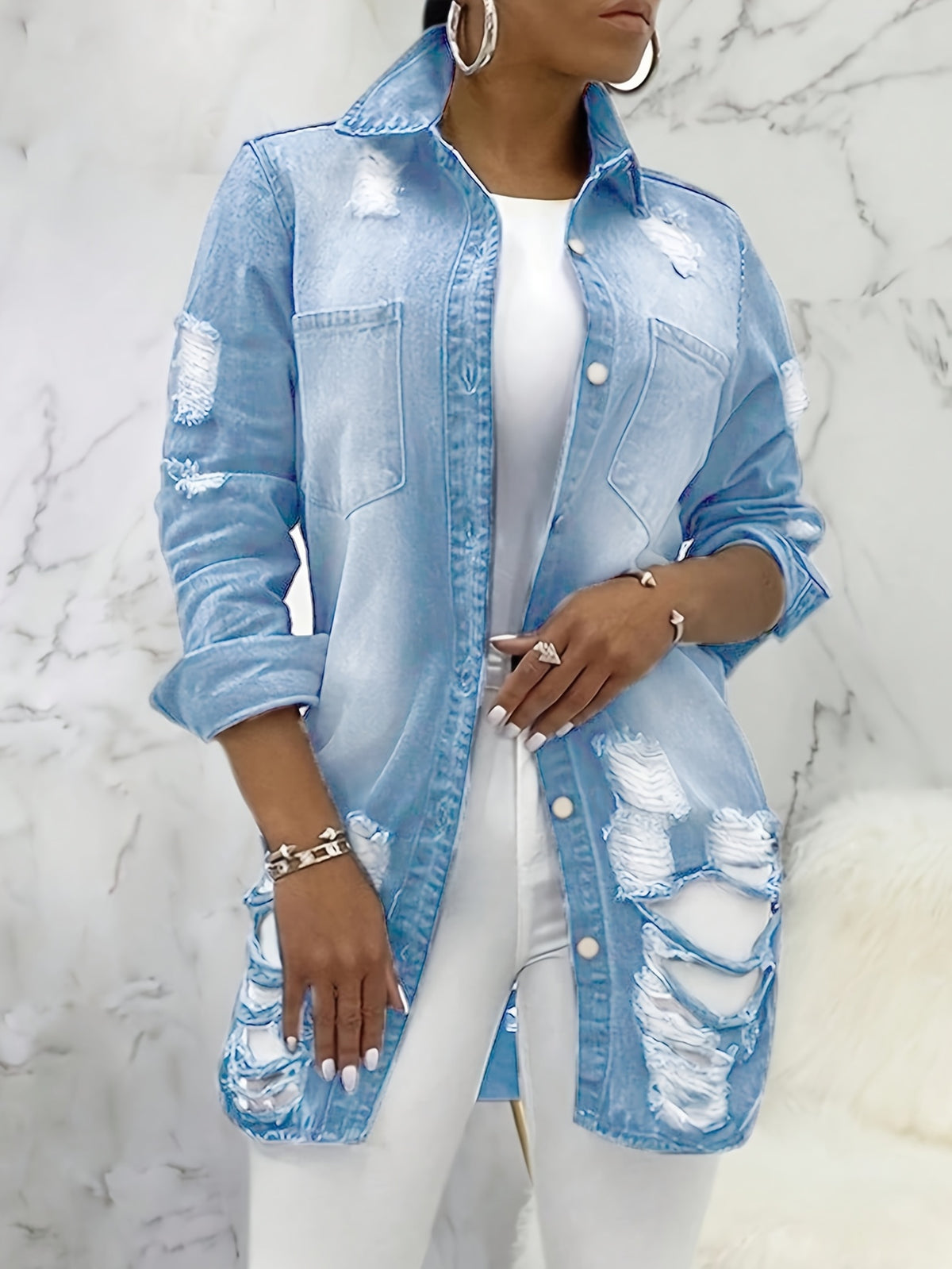 Distressed Ripped Denim Jacket Women Sexy Midi Length Button-Up Long Sleeve Casual Jean Outerwear Fall Winter 90% Viscose