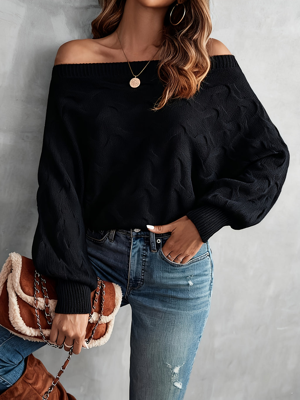 Off Shoulder Batwing Sleeve Knit Sweater Women Solid Green Oversized Pullover Top - Casual Relaxed Fit All Season Knit