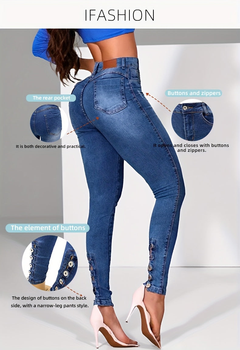High-Waist Skinny Jeans for Women Stretch Hip-Lifting Tight Fit Button Detail Fashion Denim Pants All-Season S-XXL