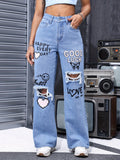 Wide Leg Denim Pants Women High Waist Heart Letter Print Distressed Casual Streetwear Jeans Trendy XS-XL