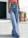Wide-Leg Loose Jeans Women Button Waist Open Hem Casual Daily Denim Pants Light Blue Relaxed Fit S-XXL