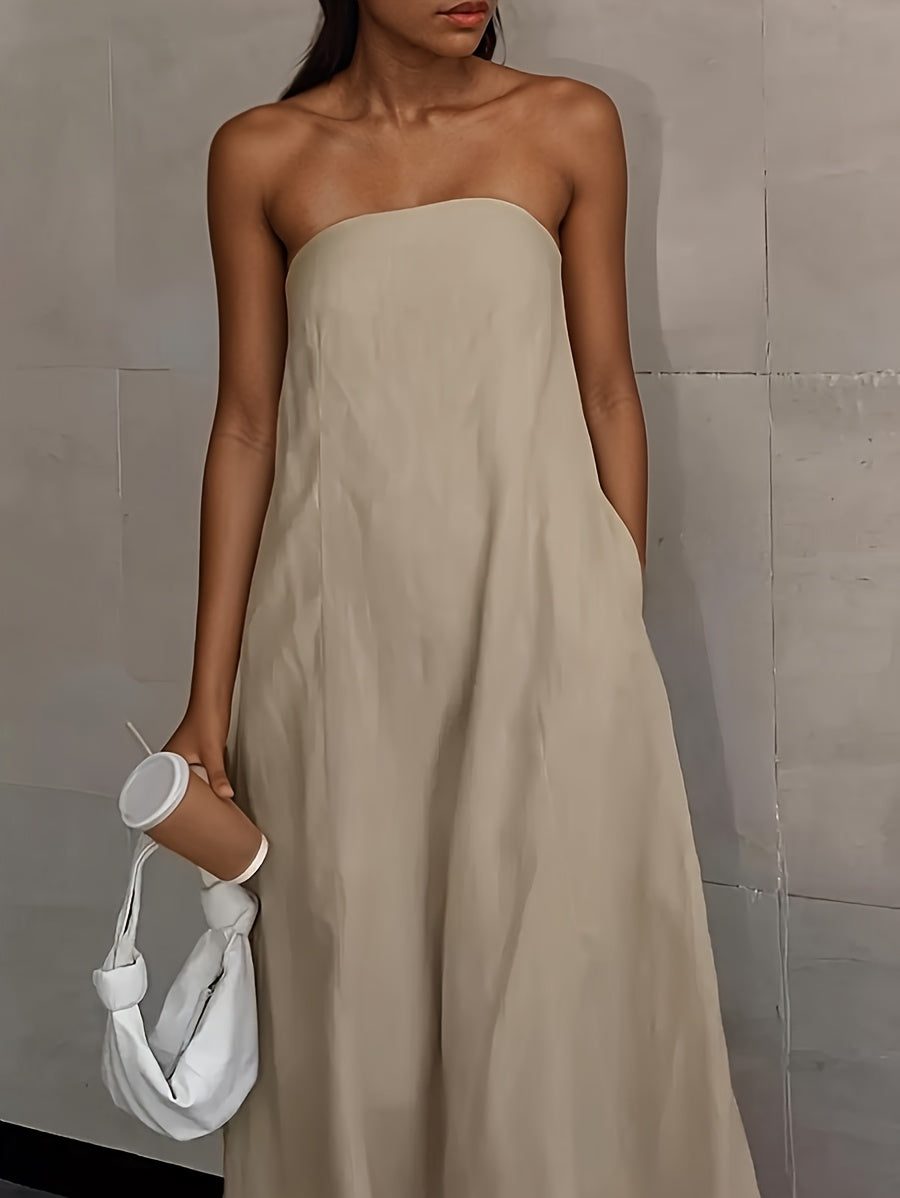 Linen Strapless Backless Long Dress for Women High Waist Patchwork Pocket Solid Color Lightweight Casual Vacation Maxi Dress Spring Summer