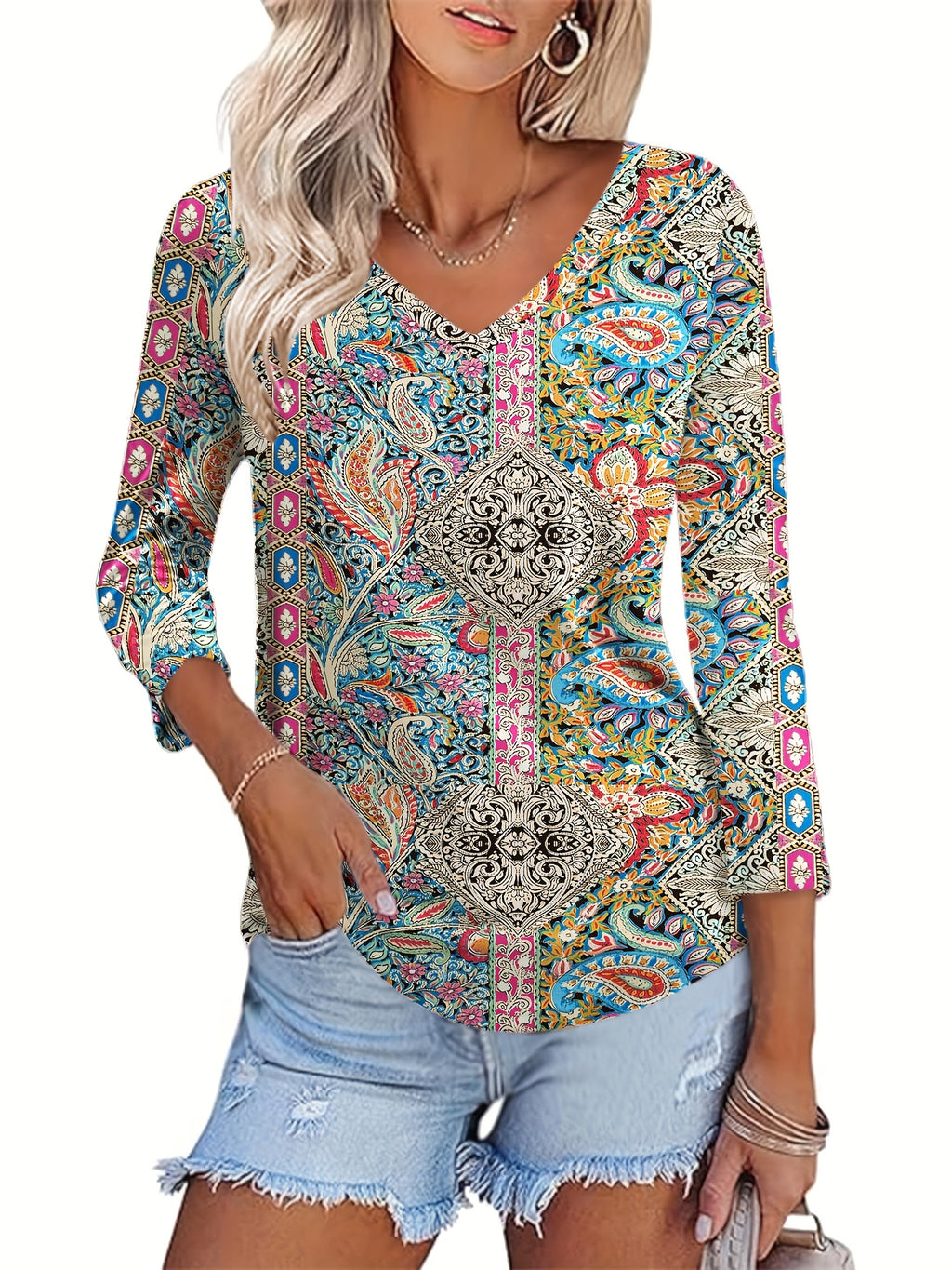 Random Floral Print V-Neck Blouse Women 3/4 Sleeve Versatile Basic Top Casual Elegant Spring Summer Fall S-XXL