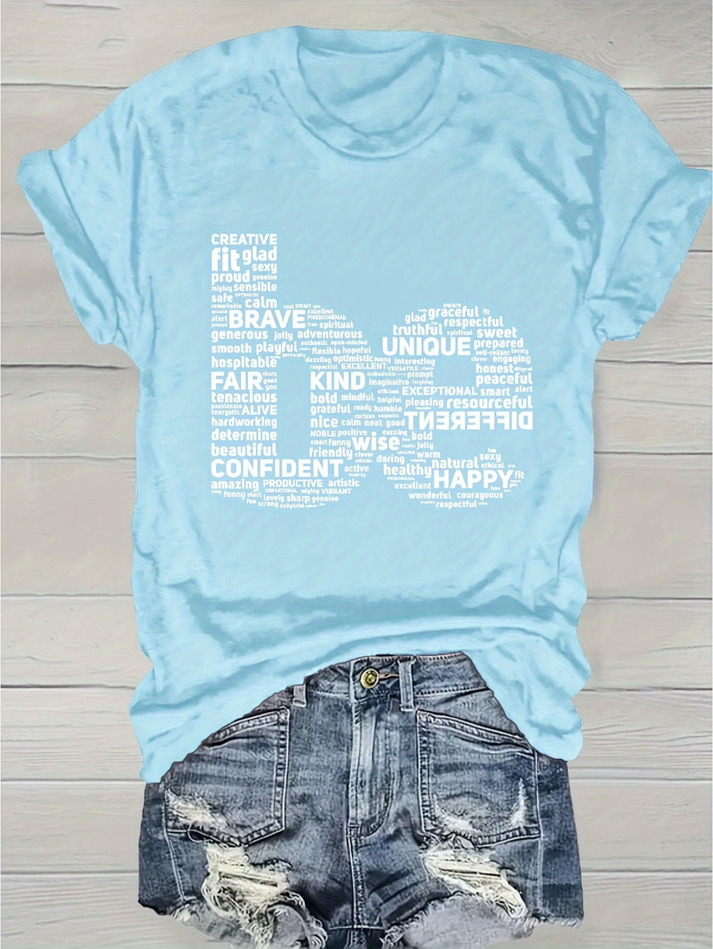 Inspirational Word Cloud Print T-Shirt Women Round Neck Short Sleeve Light Grey Positive Affirmation Casual Tee Spring Summer S-XXL