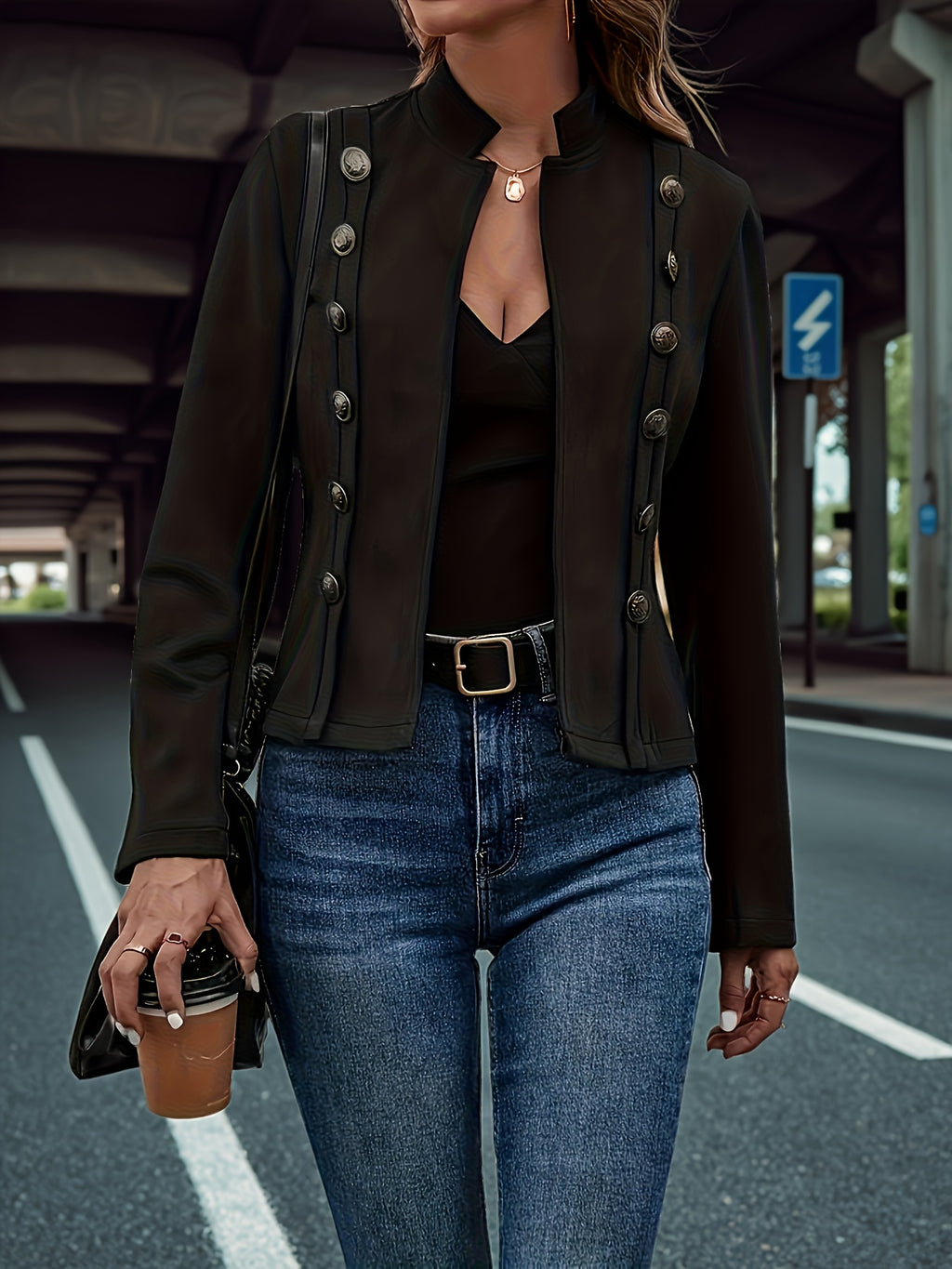 Women's Vintage Double Breasted Jacket Long Sleeve Woven Outwear Elegant Coat Spring Fall S-XXL