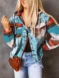 Women's Western Denim Hooded Jacket Multicolor Printed Distressed Grinding Hem Stitching Casual Fall Winter Outerwear Street Style
