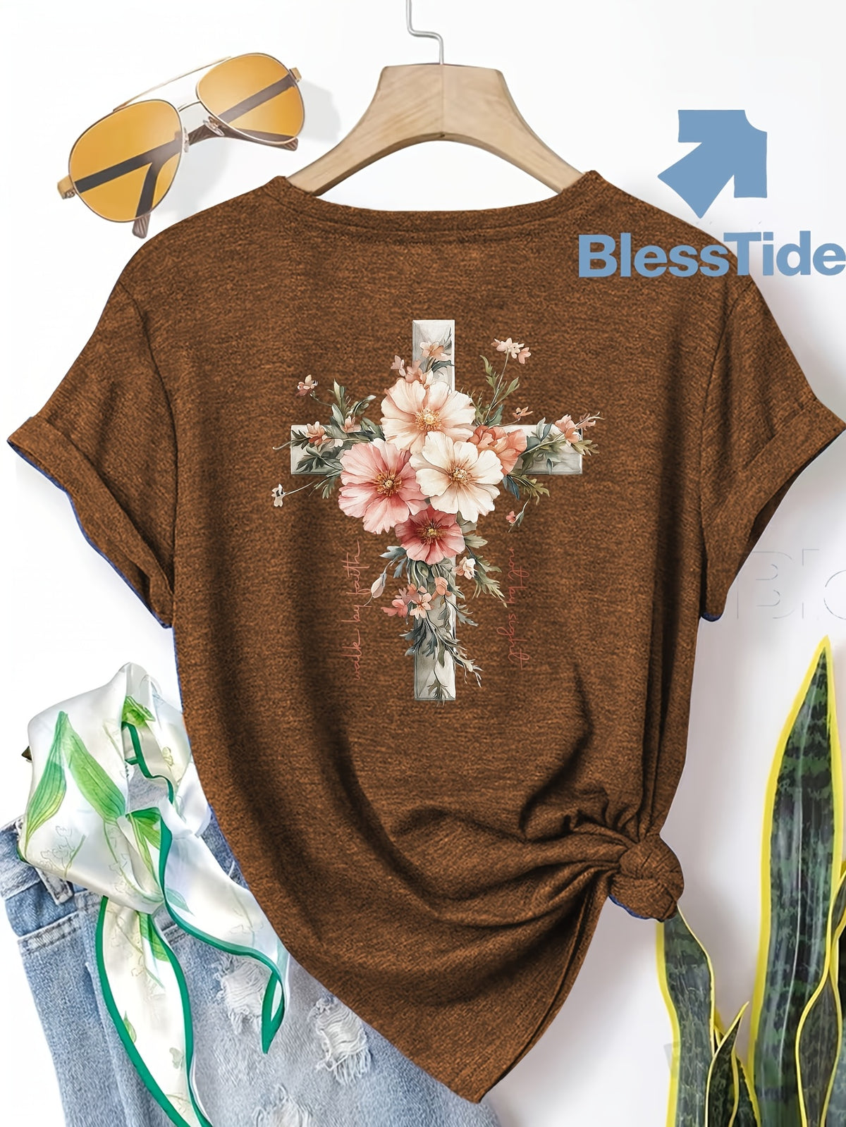 Jesus Floral Cross Double-Sided Print T-Shirt for Women - Faith Inspired Crew Neck Casual Christian Tee Summer Trendy Graphic Top
