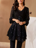 Polka Dot Butterfly Chiffon Blouse Women Black Ruffle V-Neck Flowy Sheer Sleeve Elegant Top Date Night Party Commute Daily Wear S-XL