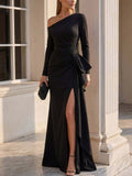 Black Off-Shoulder Fishtail Gown for Women – Elegant Split Fitted Formal Evening Dress for Red Carpet, Gala & Special Occasions
