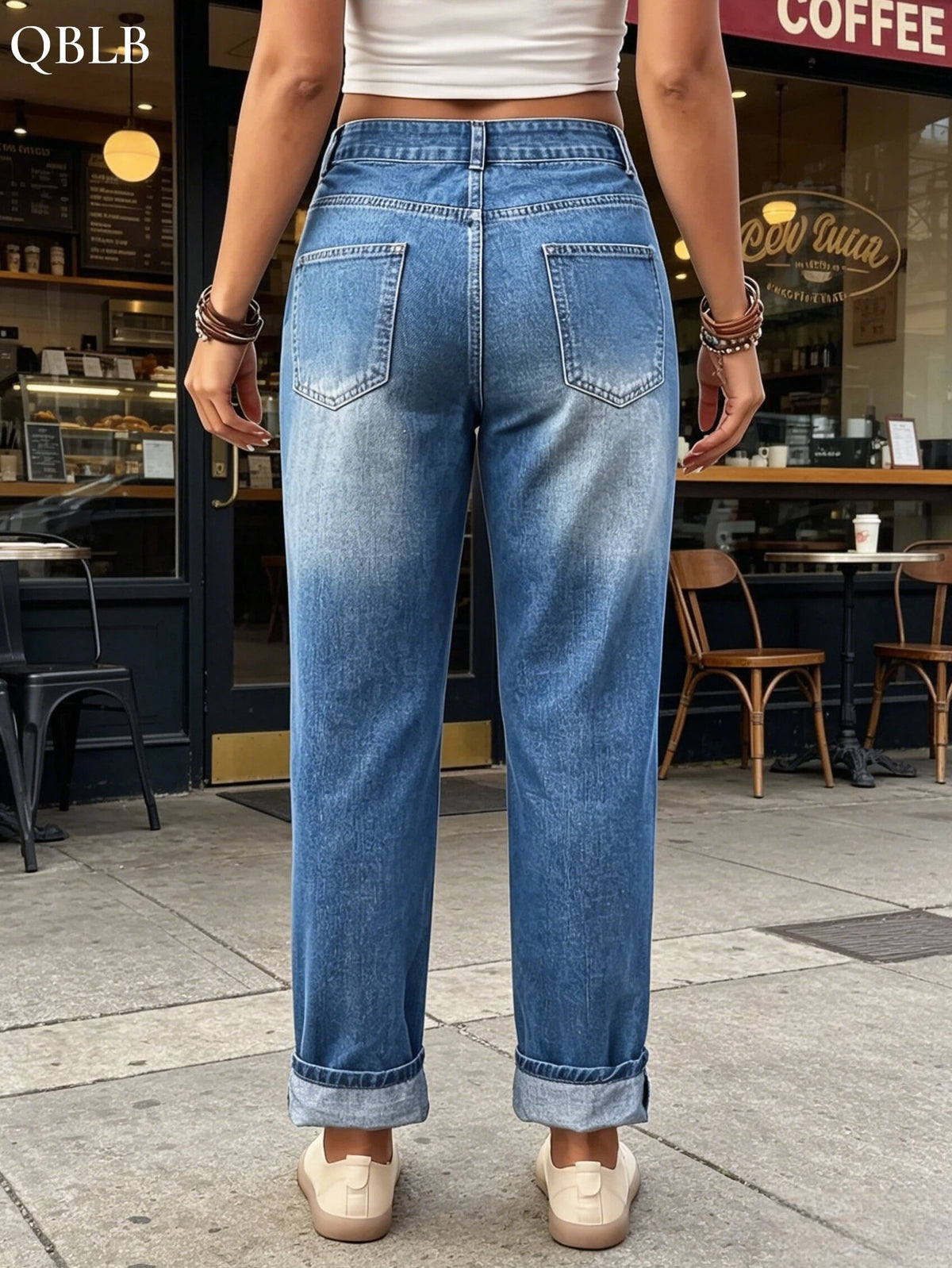 Women Mid Waist Slim Fit Straight Jeans Rolled Ankle Washed Denim Work Casual Weekend Light Blue Machine Washable S-XXL
