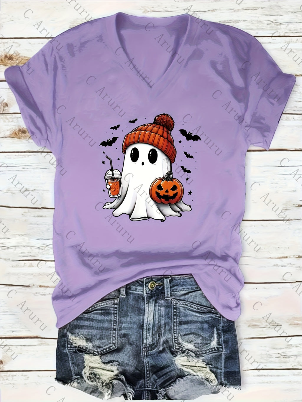 Ghost Print V-Neck T-Shirt Women Casual Short Sleeve Graphic Tee Fun Holiday Gift Spring Summer Top S-XXL