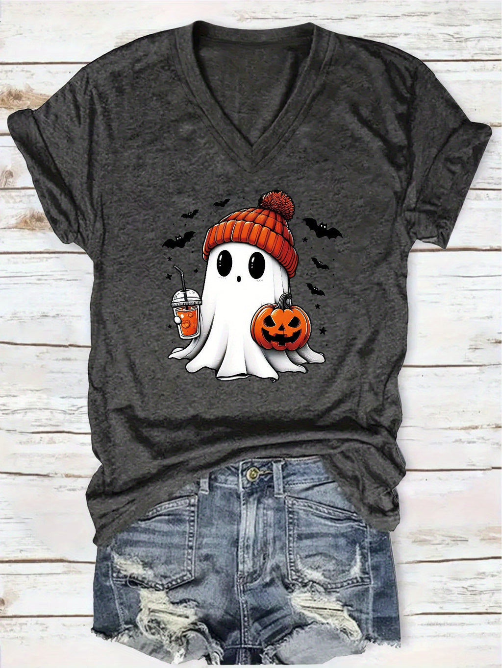 Ghost Print V-Neck T-Shirt Women Casual Short Sleeve Graphic Tee Fun Holiday Gift Spring Summer Top S-XXL