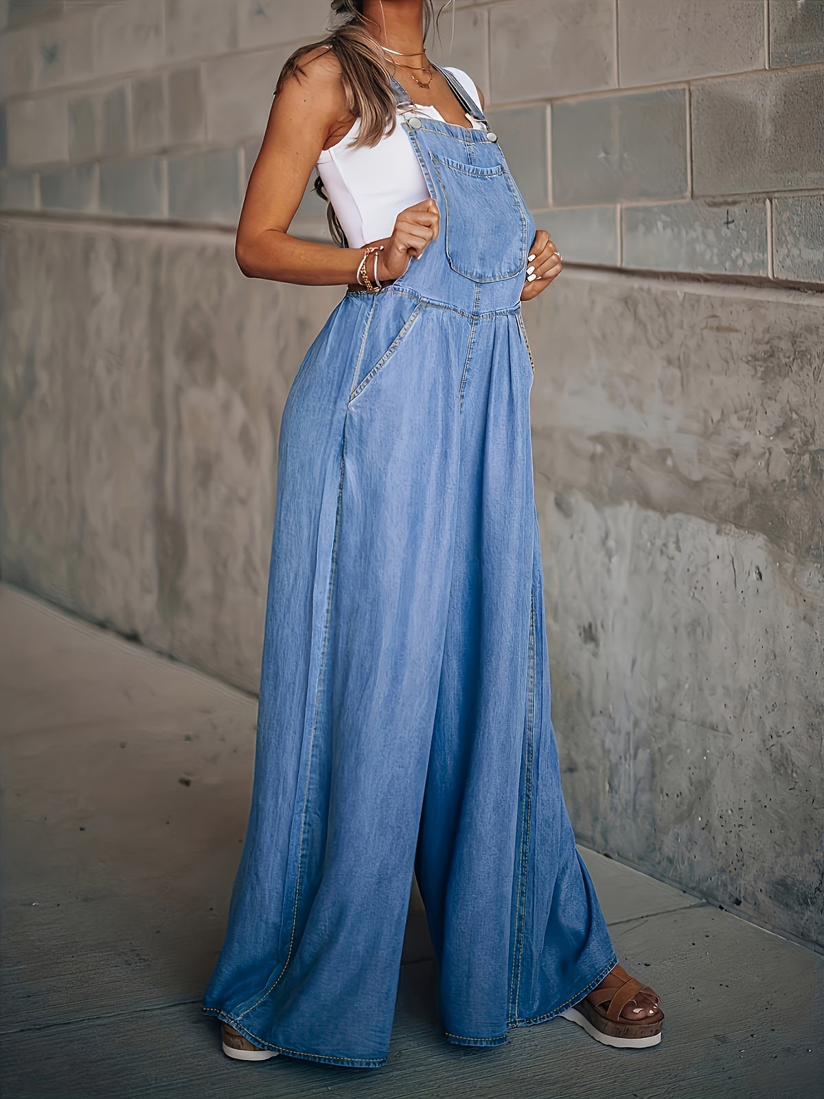 Women's Wide-Leg Denim Overall Pants Adjustable Shoulder Straps Large Pockets Loose Casual S-XXL