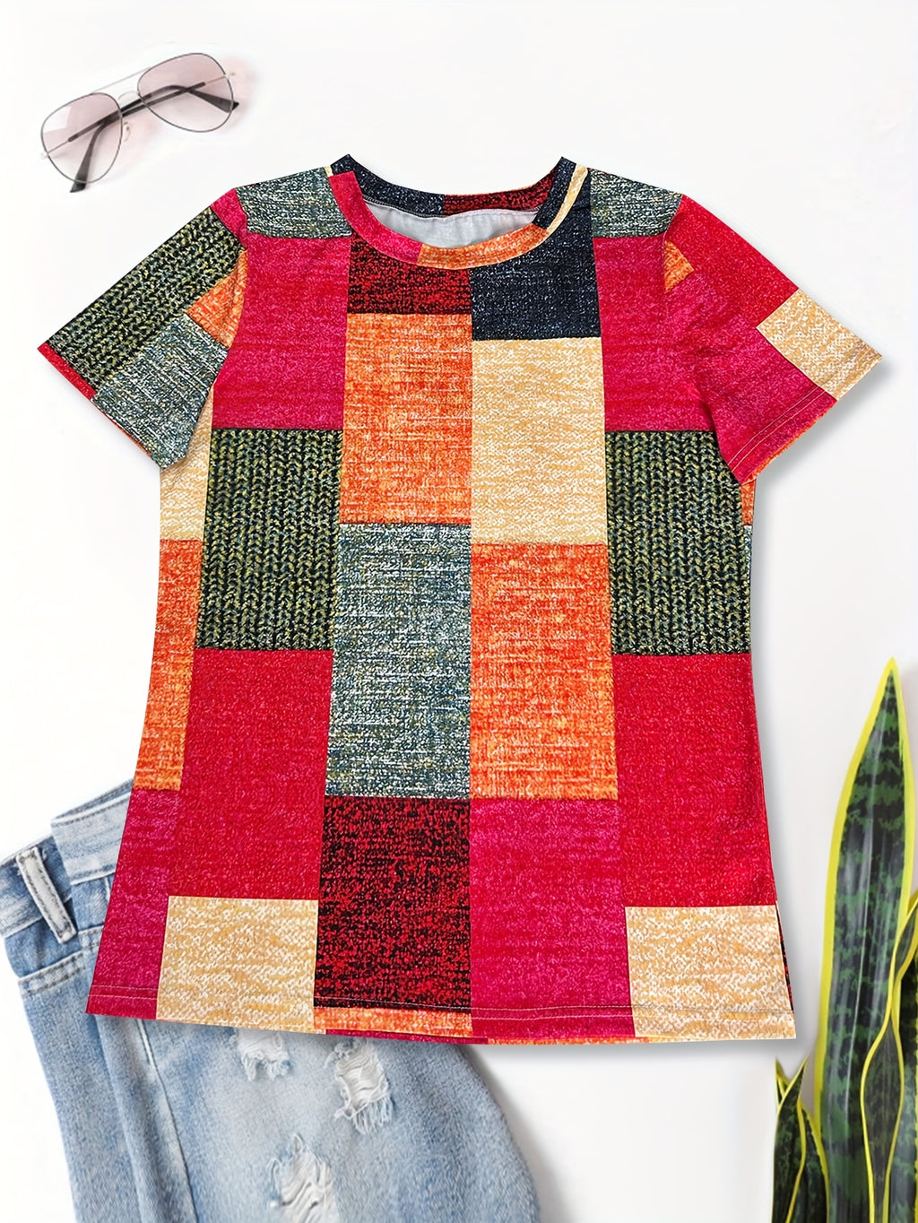 Plaid Print V-Neck T-Shirt Women Short Sleeve 180g Knit Micro Stretch Machine Washable Casual Spring Summer Tee Fashion Top S-XXL