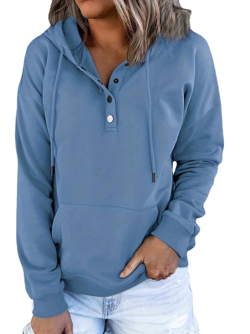 Women Oversized Button Hoodie Sweatshirt Long Sleeve Kangaroo Pocket Ribbed Cuff Casual Pullover Black Grey Burgundy Apricot S-XXL