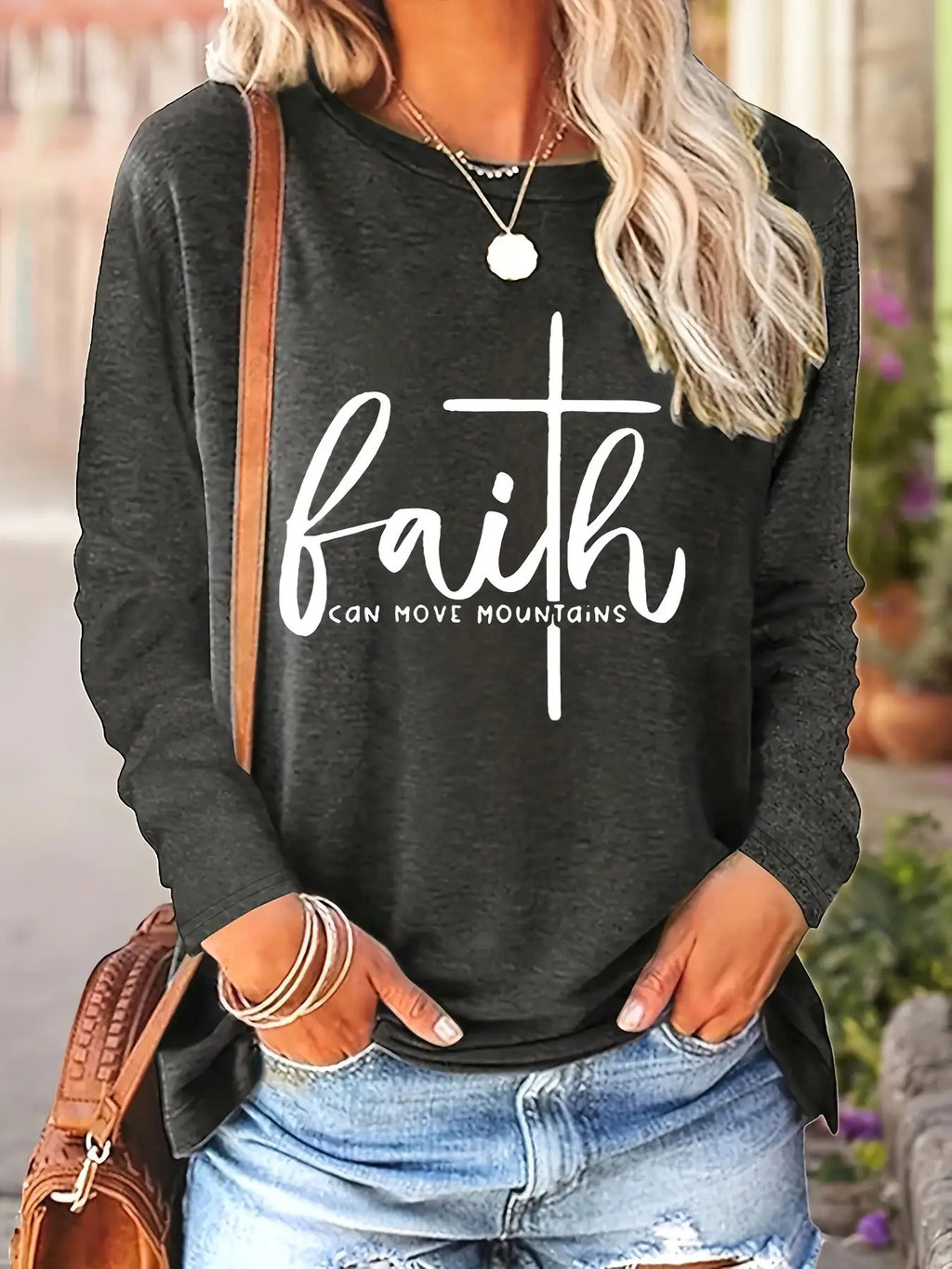 Letter Print Long Sleeve T-Shirt Women Casual Crew Neck Pocket Tee Stretch Knit Fall Winter Graphic Top S-XXL
