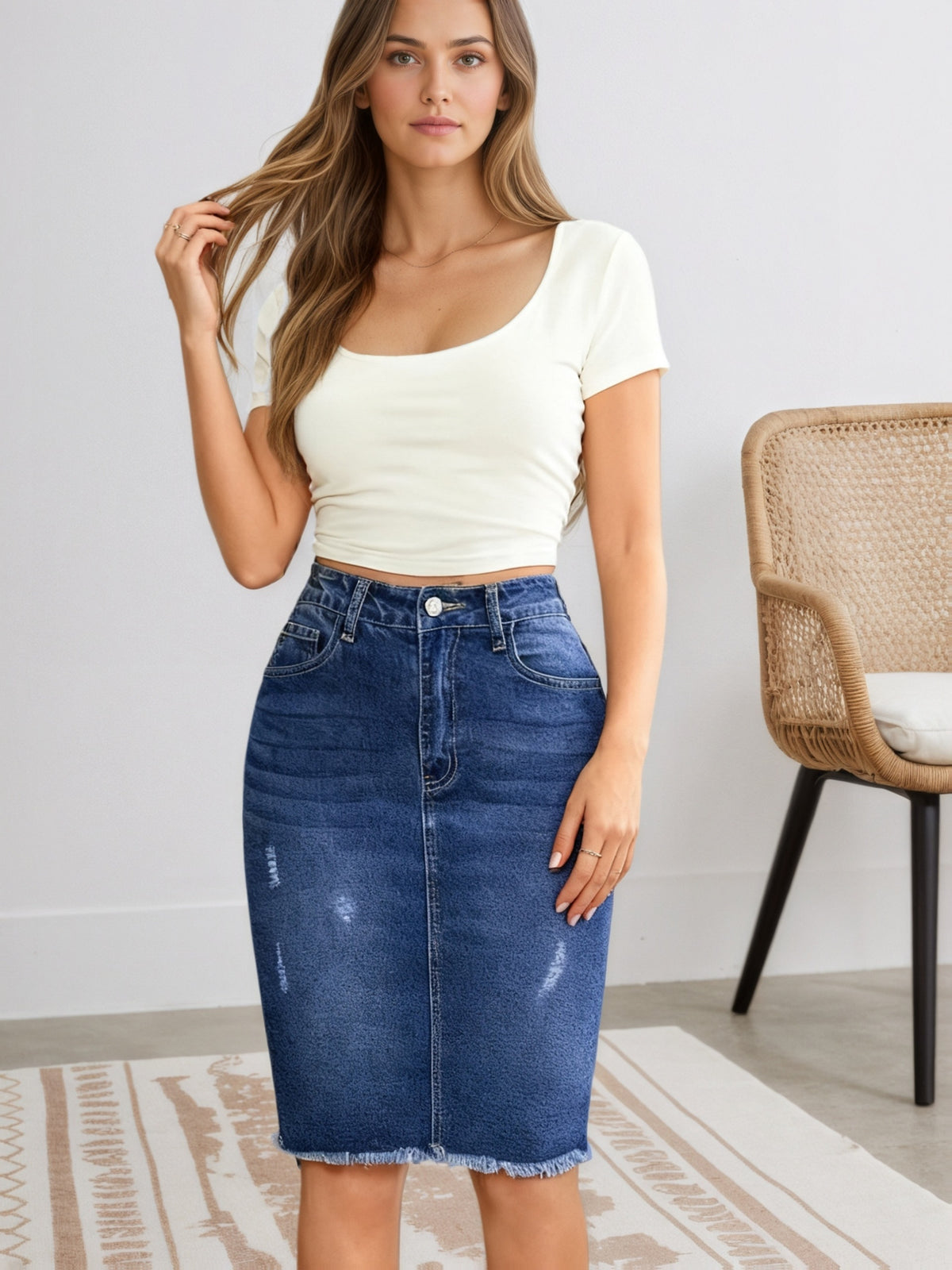 Mid Waist Stretch Slim Fit Denim Skirt Women Distressed Frayed Hem Hole Design Blue Elegant Casual S-XXL