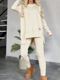 Women's Solid Color 2pcs Set Slit Long Sleeve Round Neck Top & Pants Casual Chic Spring Workplace Commute Matching Outfit