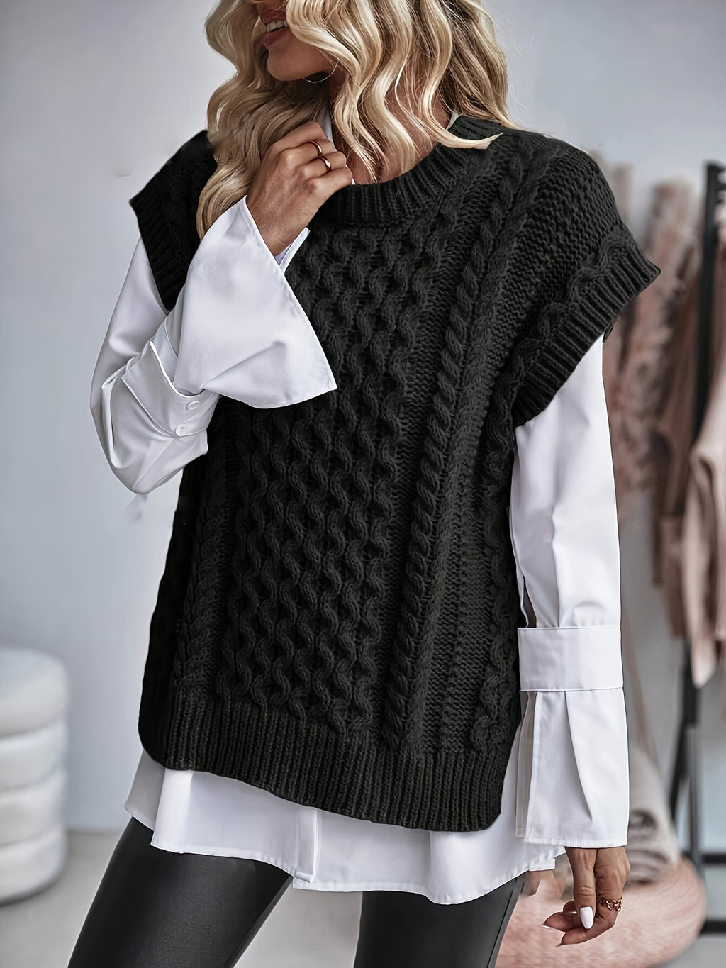 Cable Knit Sweater Vest Women Sleeveless Round Neck Slit Hem Solid Color Layering Top - Casual Semi-Formal Acrylic Knitwear Spring Summer Fall