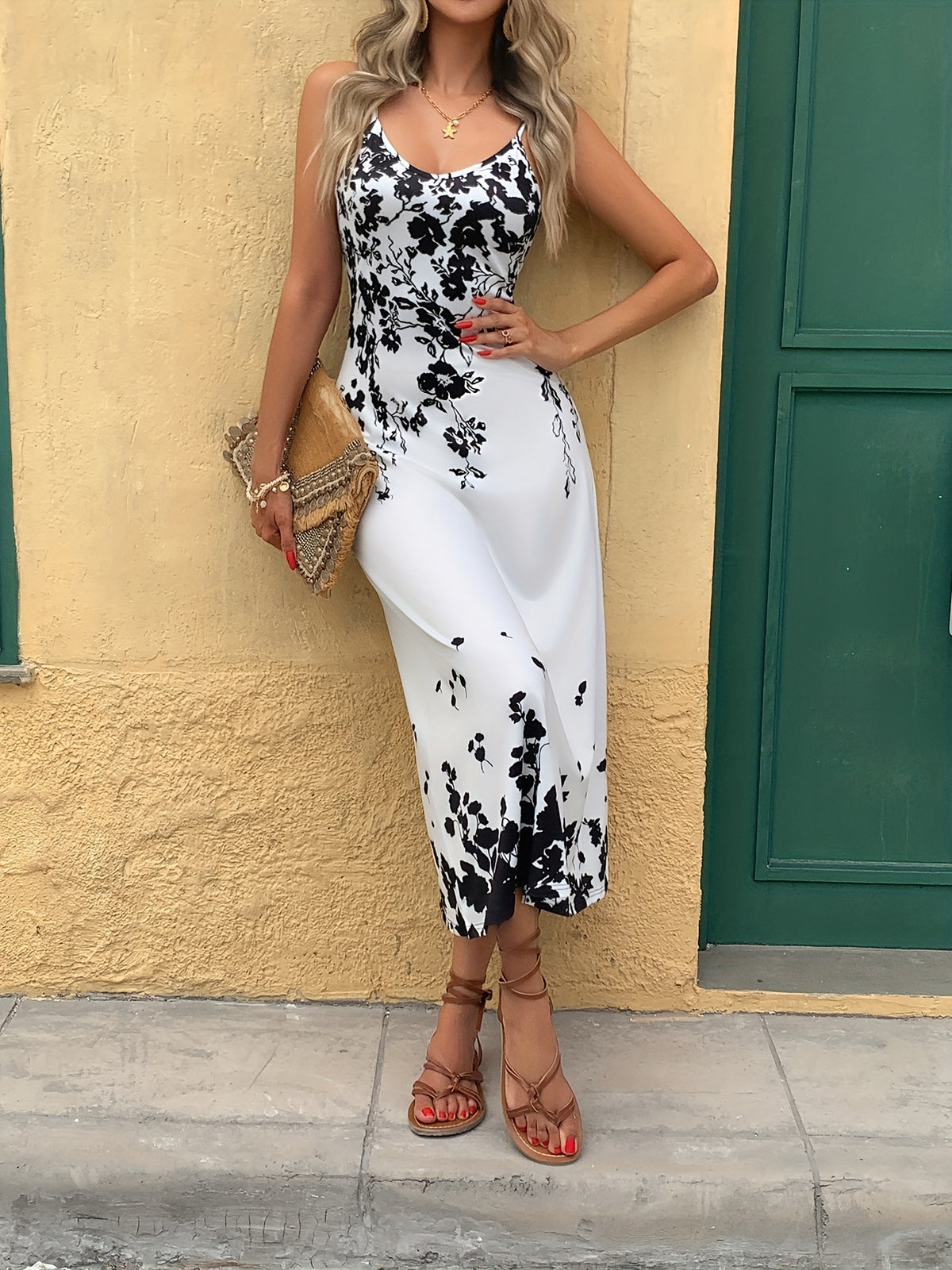 Floral Tropical Print Maxi Dress Women V Neck Spaghetti Strap Summer Vacation Beach Holiday Long Dress Elegant S-XXL