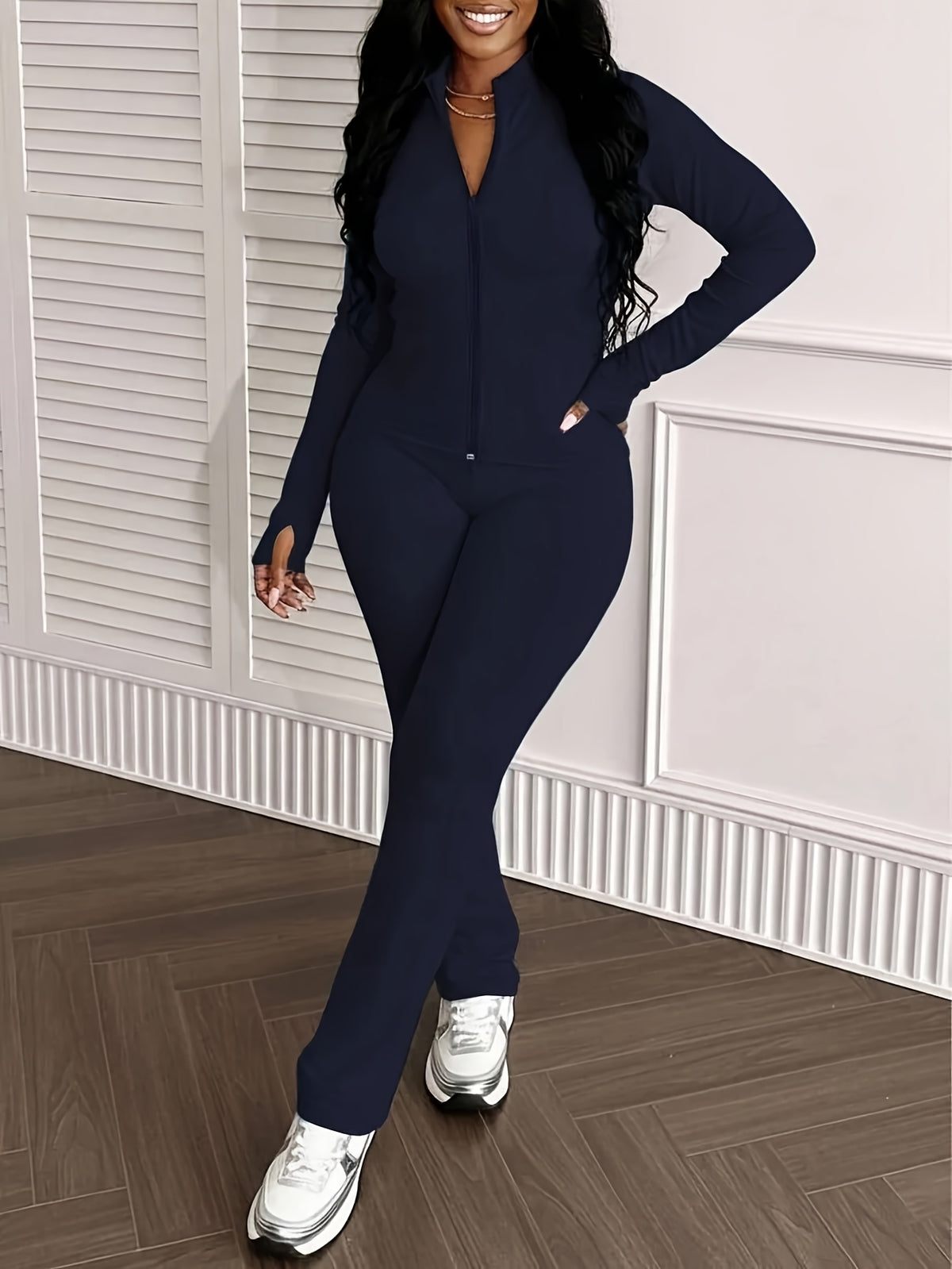 Women's 2-Piece Office Outfit Set Slim Fit Stand Collar Jacket & High Waist Flare Pants Work Casual