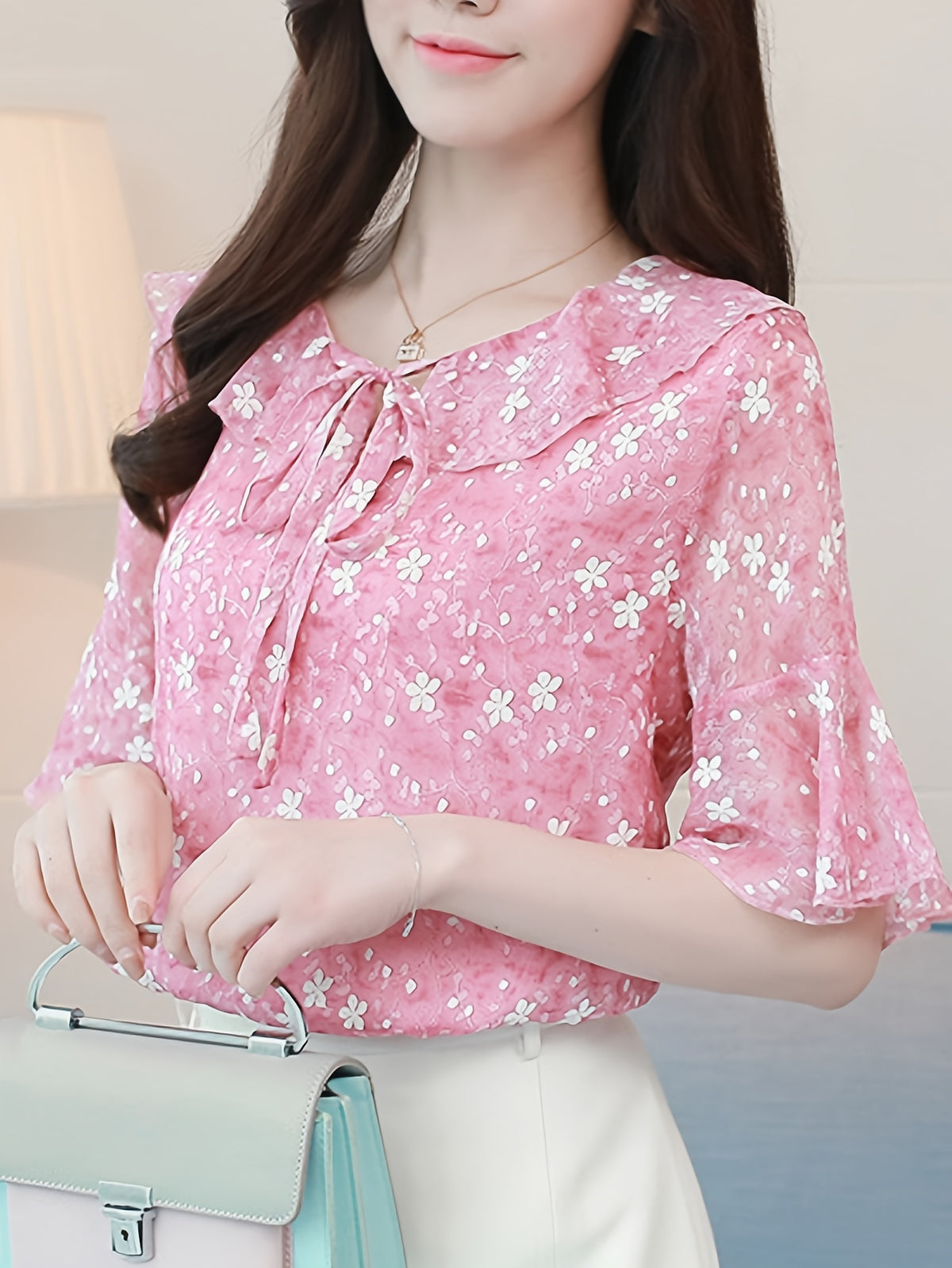 Floral Bell Sleeve Chiffon Blouse for Women | Ruffled Round Neck Lightweight Top | Pink Floral Print Elegant Shirt | Casual Formal All-Season Women's Blouse