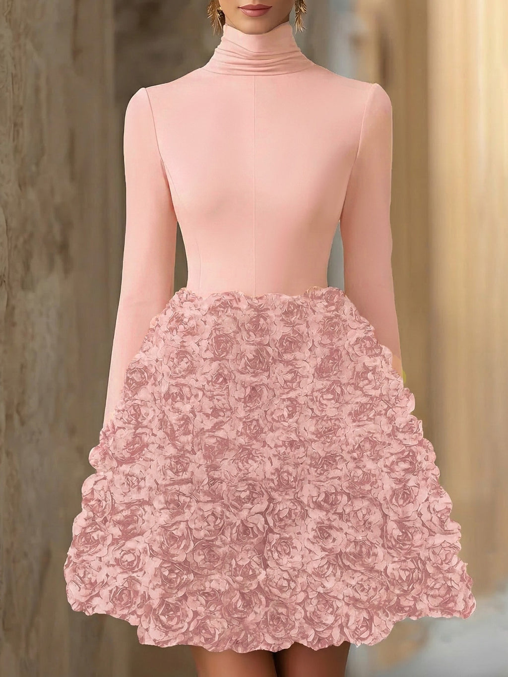 3D Rose Mini Dress for Women High Neck Retro Elegant Court Style Formal Dinner Party All Season Evening Dress