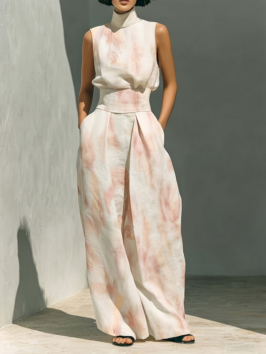 Tie-Dye Print High Neck Sleeveless Top and Wide-Leg Pants 2-Piece Set Street Style Casual S-XXL