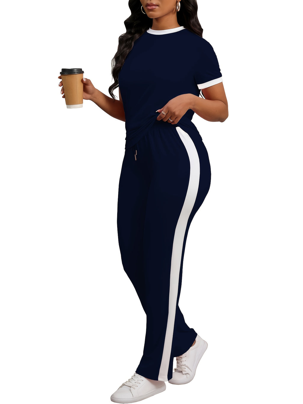 Women Colorblock 2 Piece Tracksuit Set Short Sleeve Crew Neck Top Striped Sweatpants Casual Lounge Jogger Matching Outfit for Workout Everyday Wear