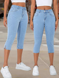 Light Blue High Waist Stretch Denim Capri Pants for Women - Ankle Length Bootcut Flare Leg, Tummy Control Slim Fit Split Hem, Casual Chic Elastic Waist All Season Jean Pants