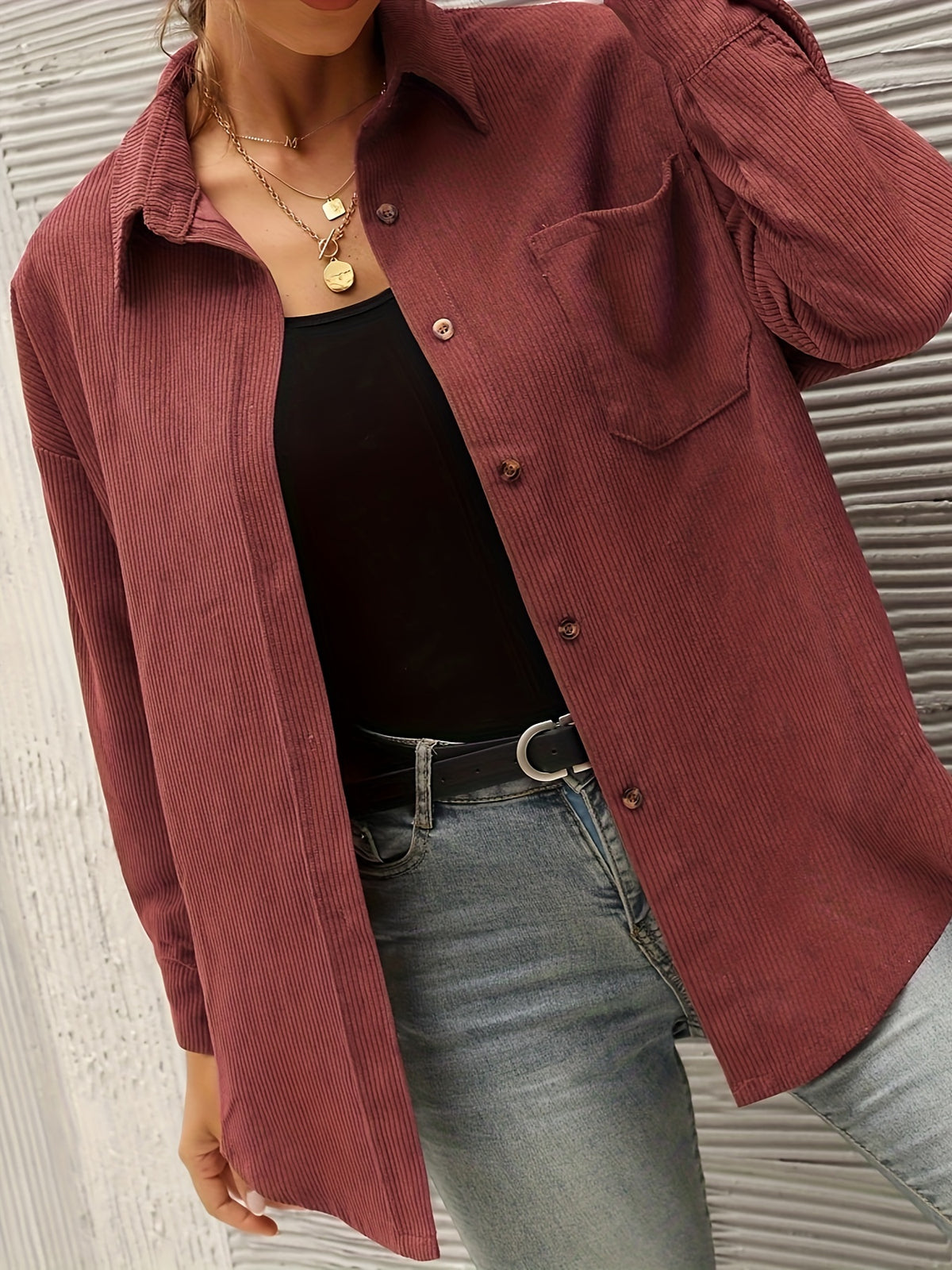 Women's Corduroy Oversized Shacket Long Sleeve Button Up V-Neck Shirt Jacket Loose Blouse with Pockets Fall Winter