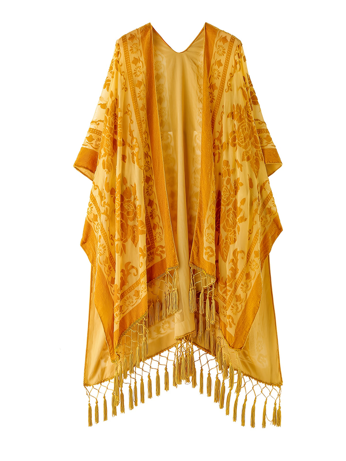 Boho Burnout Velvet Kimono Women Long Cardigan Cover Up Tassel Floral Embroidered One Size