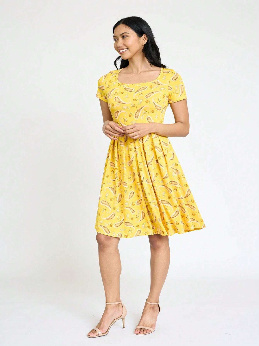 Paisley Floral Swing Dress Women Chevron Stripe Patchwork Pleated Square Neck Elastic Waist Midi Casual Plus Size S-3X