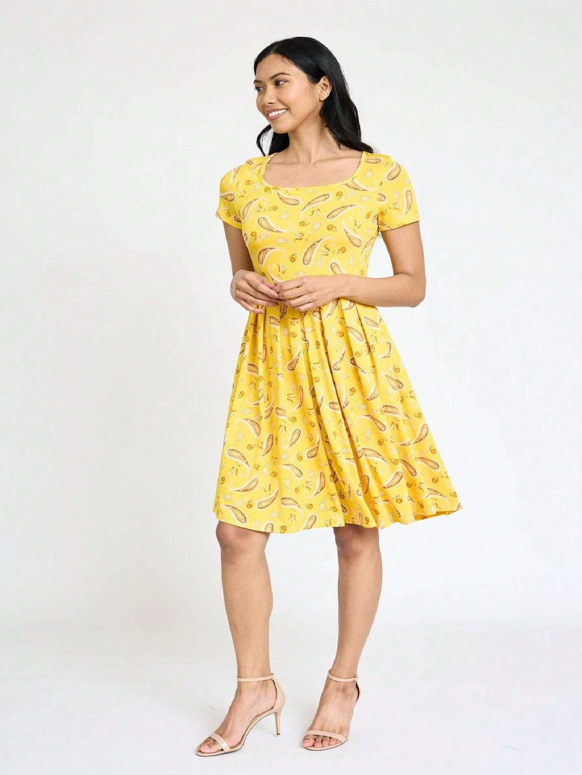 Paisley Floral Swing Dress Women Chevron Stripe Patchwork Pleated Square Neck Elastic Waist Midi Casual Plus Size S-3X
