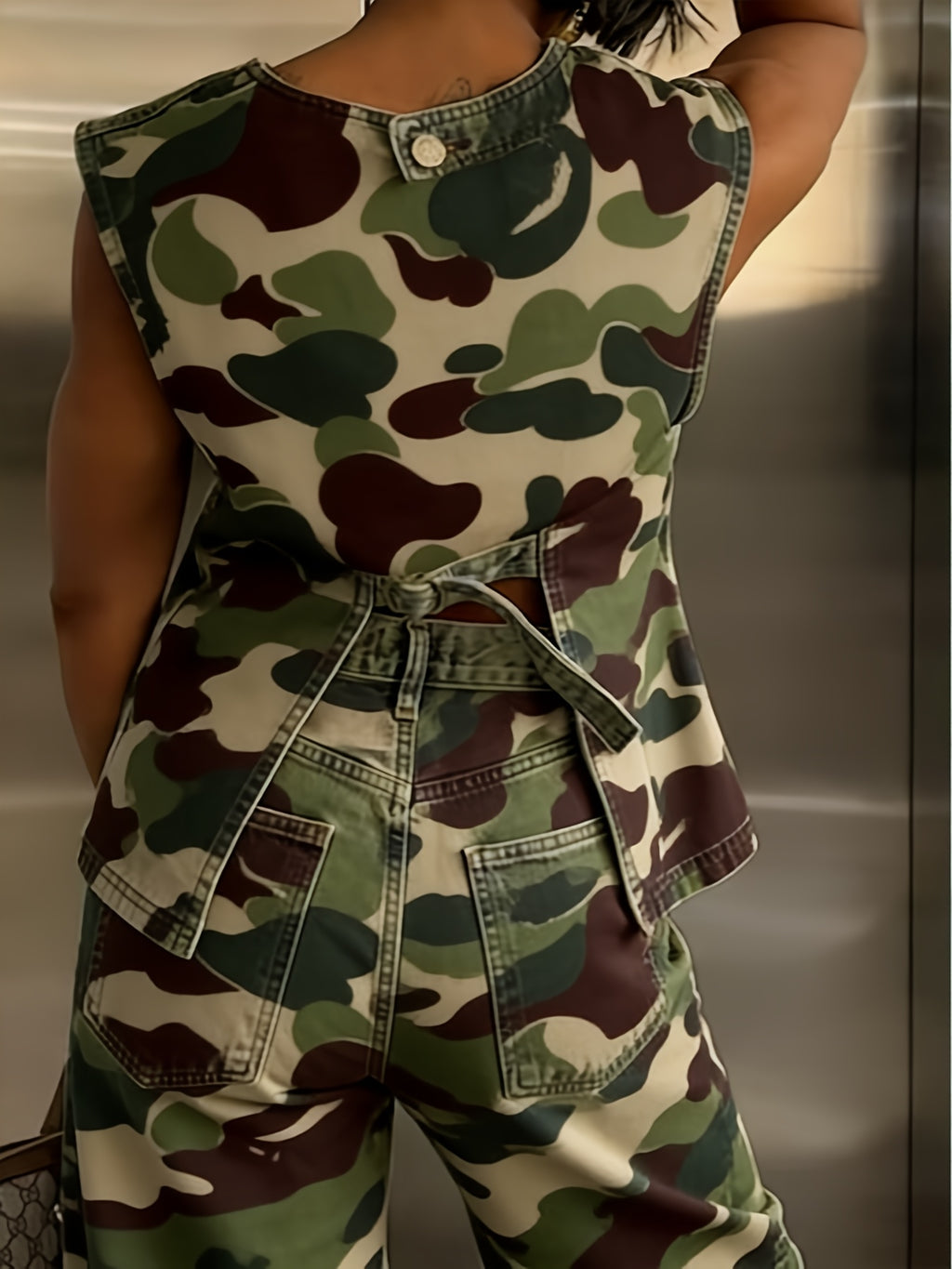 Camo Print Denim 2-Piece Set Y2K Women Sleeveless Crew Neck Top Casual Jeans Trendy Streetwear Fern Green S-XXL