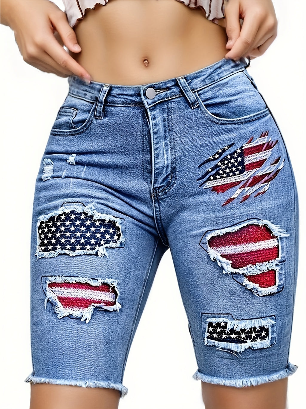 American Flag Embroidered Ripped Bermuda Denim Shorts Women Elastic Waist Stretch Distressed Knee Length 2026 | Mira Roam