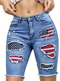 American Flag Embroidered Ripped Bermuda Denim Shorts Women Elastic Waist Stretch Distressed Knee Length 2026 | Mira Roam