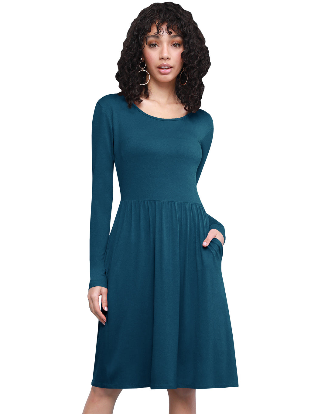 Long Sleeve Flowy Dress with Pockets Women Casual Soft Breathable Relaxed Fit Everyday Dress 18 Colors S-XXL