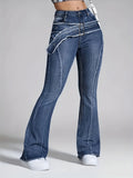 Women's Retro Washed Fringe Flared Jeans Fake Waistband Curved Hem Slightly Flared Bootcut Medium Blue S-XXL