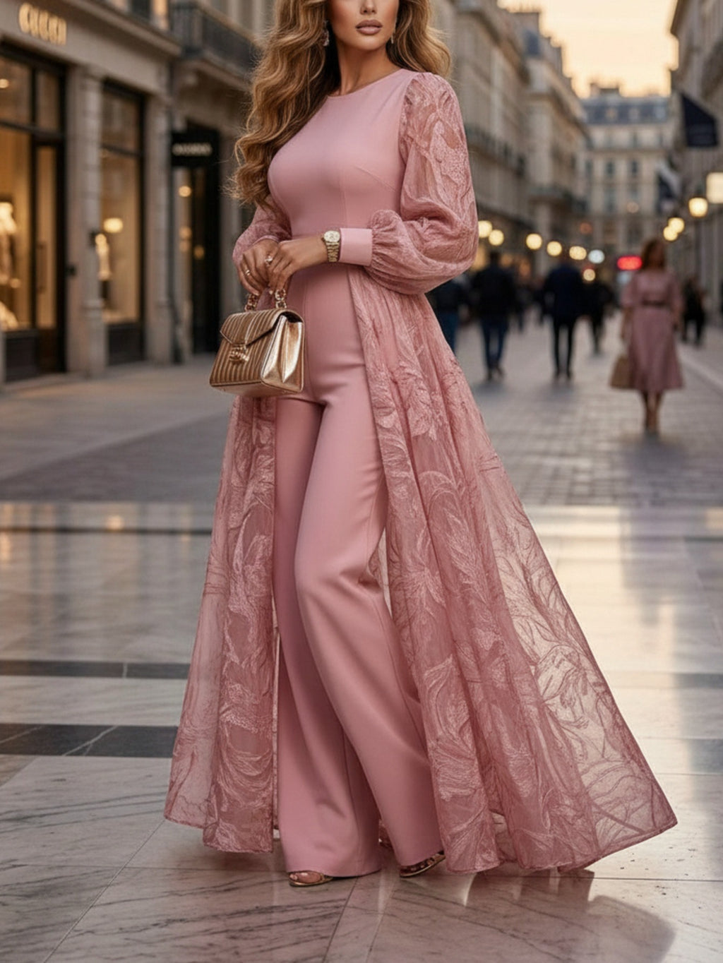 Puff Sleeve High Waist Slim Jumpsuit for Women Elegant Round Neck Long Overlay One Piece Outfit Pink Date Business Socialite S-XXL