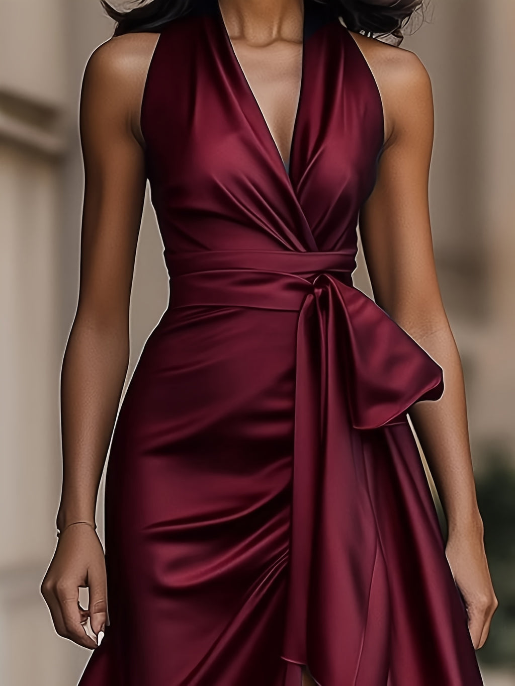Satin Formal Dress Women V-Neck Sleeveless Ruched Waist Flared Hem Elegant Evening Gown Dark Blue Dinner Party Cocktail Dress 100% Polyester Smooth Fit