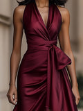 Satin Waist-Ruched Evening Dress for Women V-Neck Sleeveless Flared Hem Dark Blue Elegant Formal Dinner Party Dress Smooth 100% Polyester