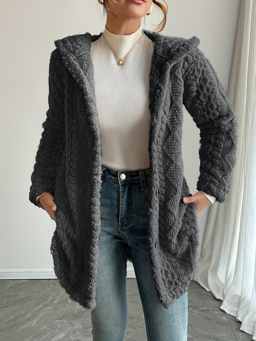 Hooded Fuzzy Coat Women Mid-Length Jacket with Buttons Soft Warm Fleece Fall Winter Outerwear 5 Colors S-XXL